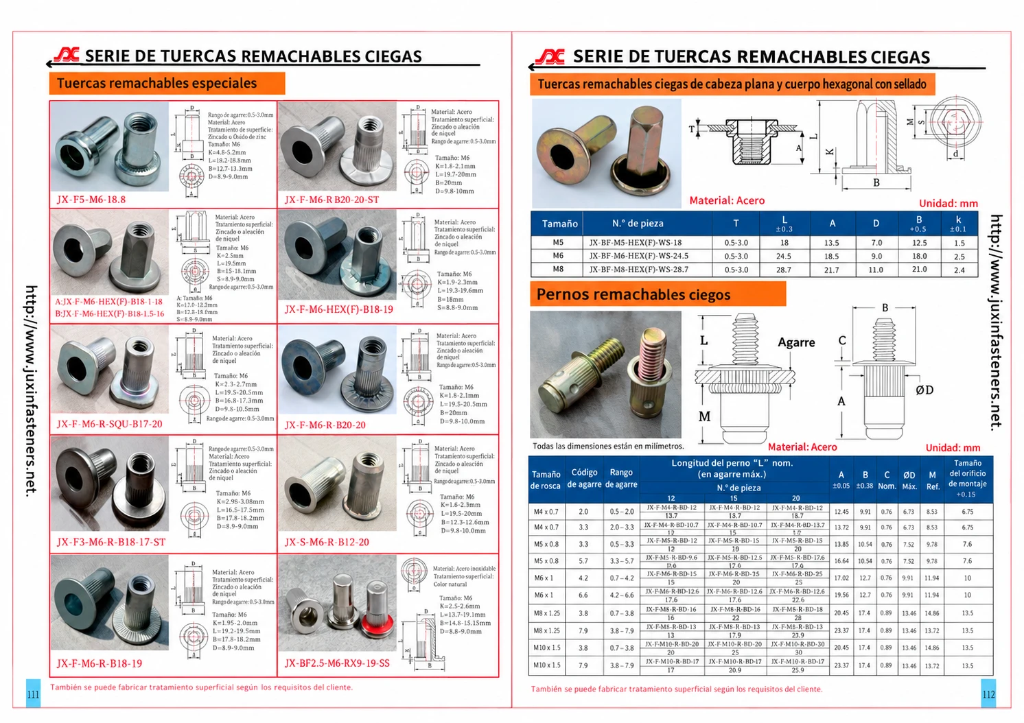 Cat&aacute;logo de tuercas remachables especiales y pernos, incluida la referencia inoxidable JX-BF2.5-M6-RX9-19-SS