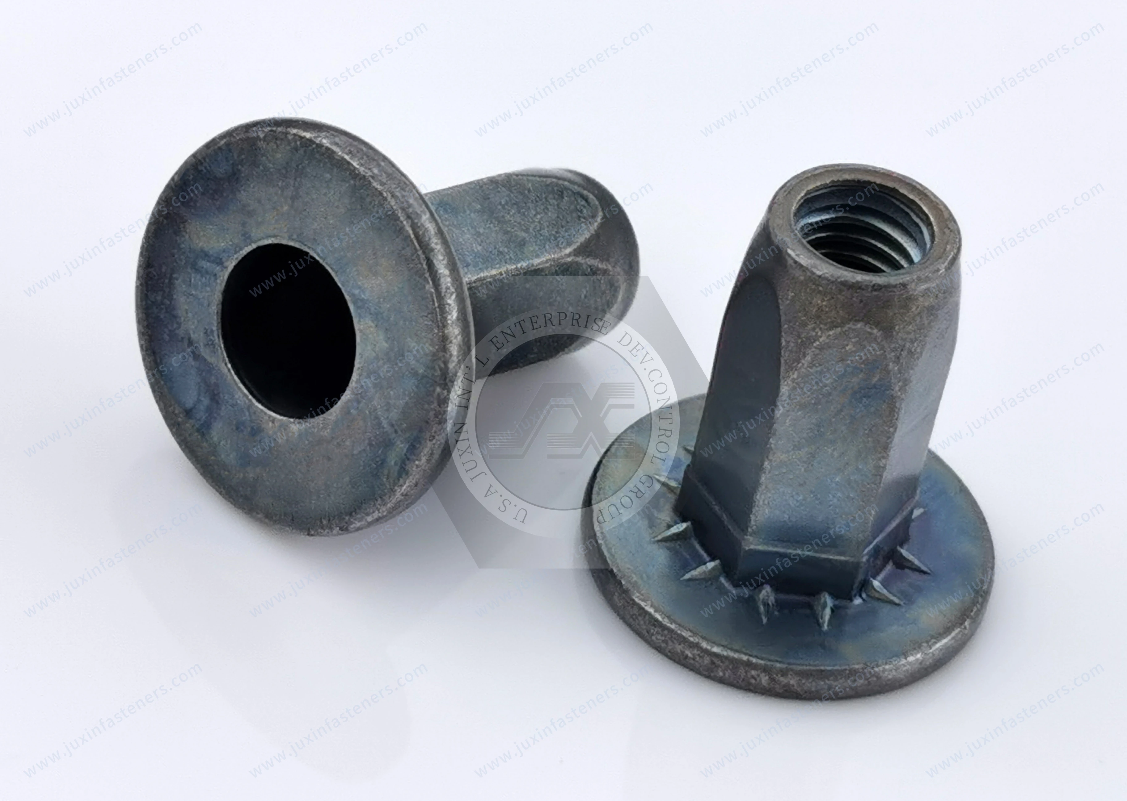 Tuerca remachable ciega, de acero, cabeza plana, cuerpo hexagonal, extremo abierto, recubrimiento de zinc-n&iacute;quel