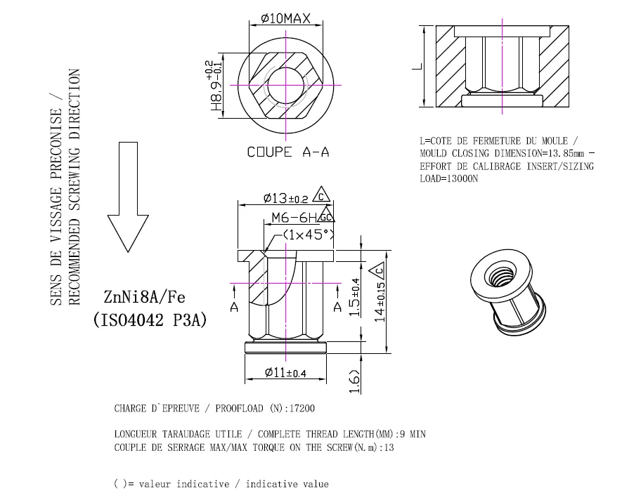 Tuerca remachable ciega, de acero, doble brida, recubrimiento de zinc-n&iacute;quel &mdash; plano t&eacute;cnico