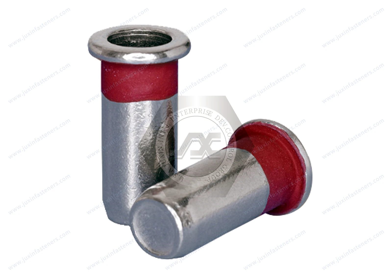Tuerca remachable ciega de acero inoxidable, cabeza plana, extremo cerrado, cuerpo cil&iacute;ndrico liso, compuesto fijador de roscas preaplicado