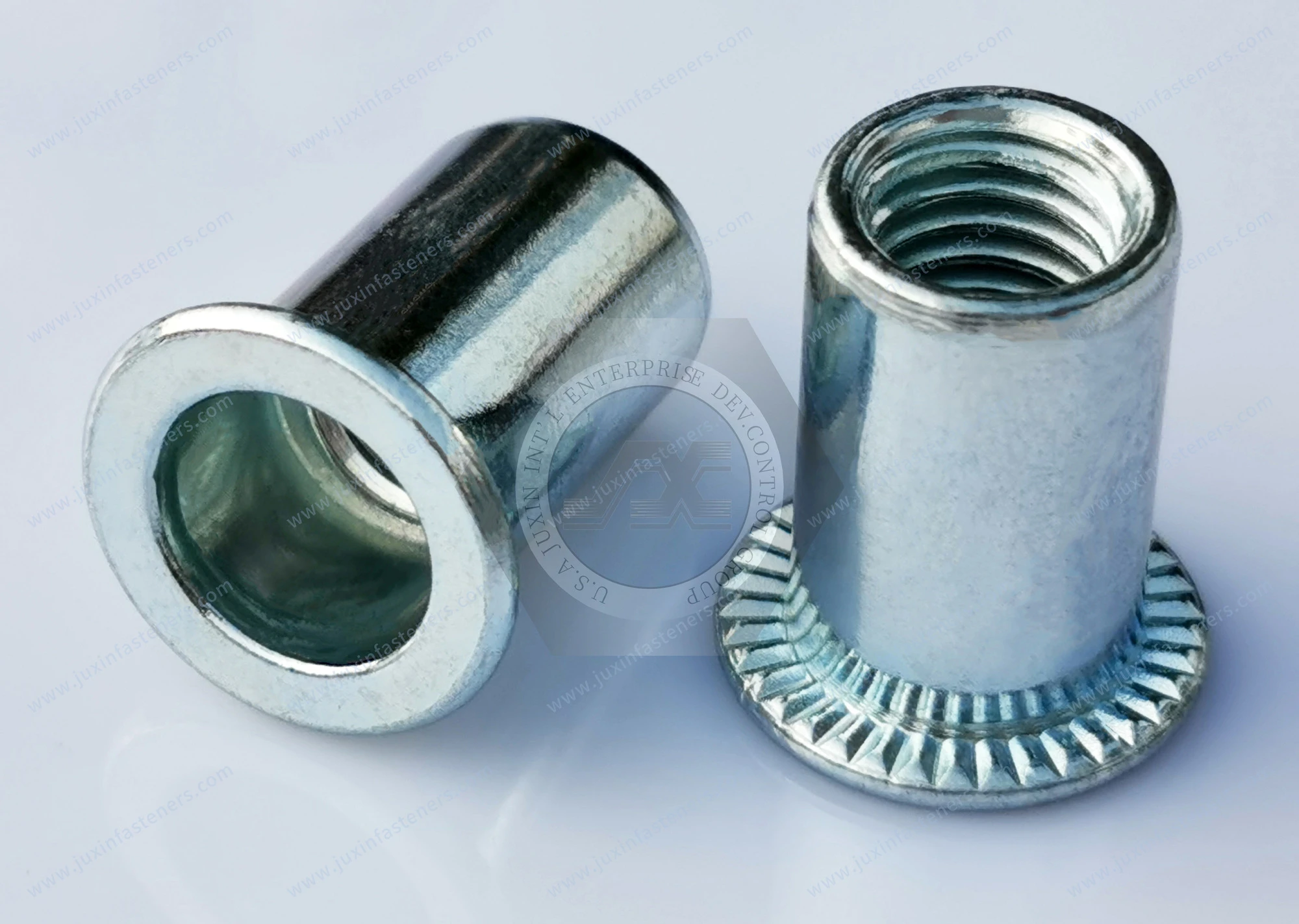 Tuerca remachable de acero de cuerpo liso y zincado azul-blanco: dise&ntilde;o y montaje OEM